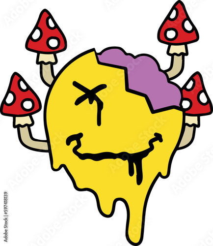 Acid smile face with brain. Melted rave and techno symbol of 90s. Crazy mushroom