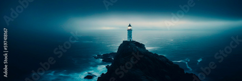 Lighthouse on a cliff edge in stormy and misty weather. Night landscape. Generative AI