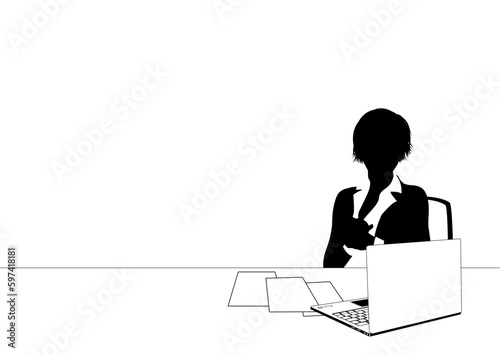 News anchor presenter or business person seated at a desk with laptop in silhouette