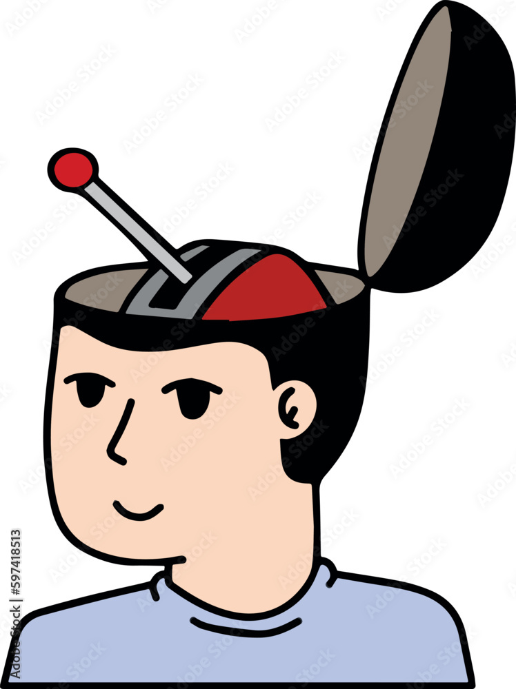 Lever in man head. Psychological concept of switching problems, emotions and productive state. Mechanical handbrake in person mind. Outline cartoon Lever in man head. Psychological concept of switching problems, emotions and productive state. Mechanical handbrake in person mind. Outline cartoon