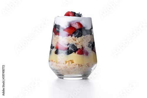 Trifle dessert with berries and cream isolated on white background