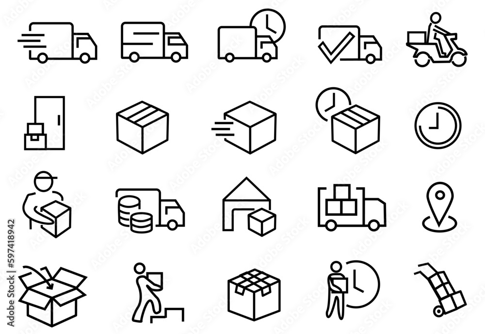 Truck Delivery icons set, vector illustration. Contains such as Delivery service icon, Door to Door Delivery, Express Shipping, Supply, courier and more. editable file - obrazy, fototapety, plakaty 
