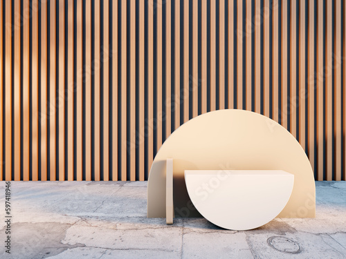 Beauty product ceramic half circle shaped stages, wedges. On wood acoustic fluted wood panel, cloth black back material. Stone floor.