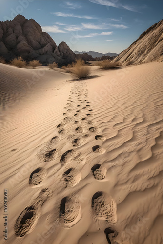 fossilized sand impressions, timeless frozen remnants of ancient flora or fauna, clues to life's prehistoric past, geological imprints, sun-bathed desert treasures, a walk with echoes AI generated.