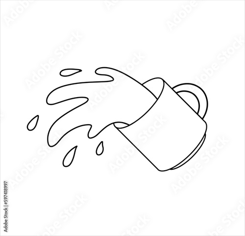 Spilled Cup of coffee. Spray and drop. Sloppy handling in kitchen. Drink with caffeine. Cartoon illustration.