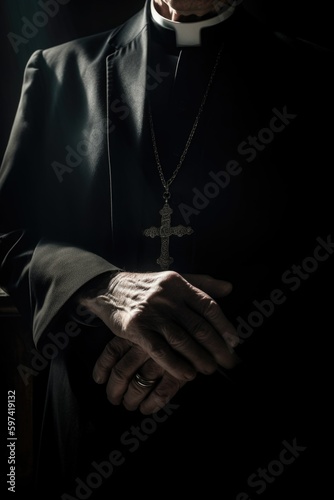 Concept of child abuse in church: hands of a priest photo