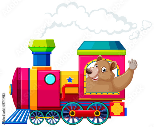 A bear on train in cartoon style
