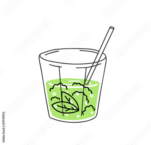 Green tea mate or mojito. Summer refreshing drink. Cocktail in glass. Trendy outline cartoon isolated on white