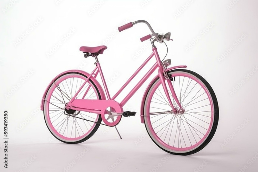 A bicycle in pink against a white backdrop. Generative AI