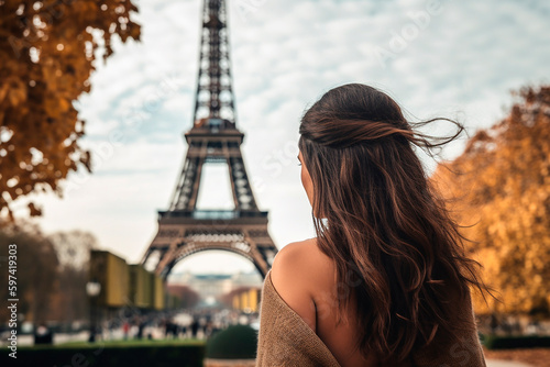 Fototapeta Naklejka Na Ścianę i Meble -  generative ai illustration of beautiful woman from behind in france, paris