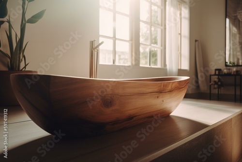 Wooden decked bathtub in bathroom. Generative AI