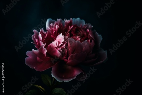 An exquisite peony contrasts against a dark navy backdrop. Generative AI