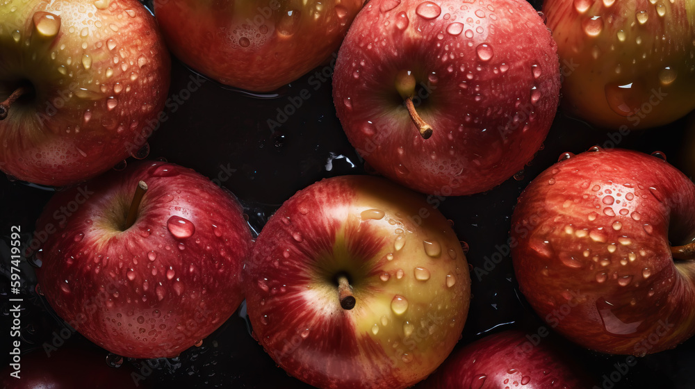 Fresh ripe apples with water drops background. Fruits backdrop. Generative AI Fresh ripe apples with water drops background. Fruits backdrop. Generative AI