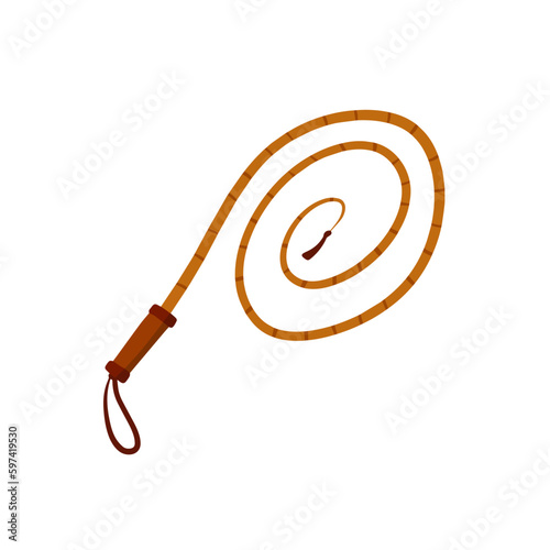 Whip for training an animal. Long cord. Horsewhip of Wild West. Flat cartoon. Concept of slavery, submission and domination.