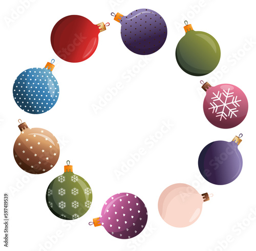Christmas toys wreath clipart, balls illustration set frame. Vector Xmas glass ball. Holiday decoration template. New Year's Eve christmas tree decor.
