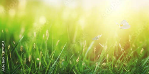 colorful natural blurred summer background with green grass and fluttering butterfly on sunny day, soft focus, panoramic view