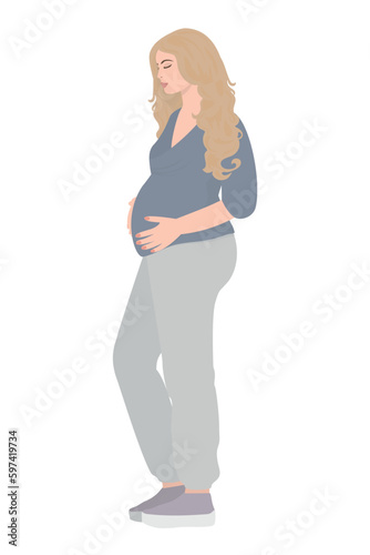 Pregnant young woman with blond hair. Happy mother-to-be in sports pants and a blue blouse on a white background.