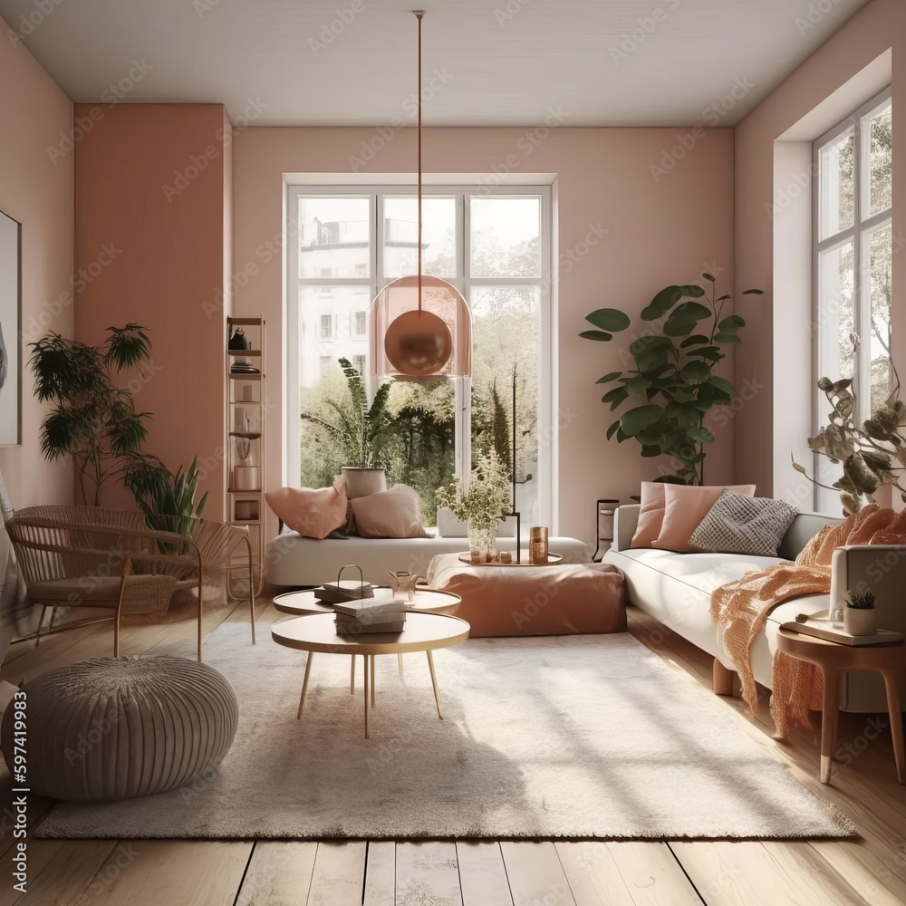 Fototapeta premium Minimalist Living Room with Large Windows and Plants, Peach Colour Theme Generative AI