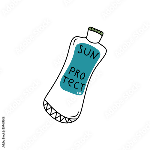 Sunscreen, lotion with SPF. Sunscreen protection and sun safety. Sunscreen, lotion with SPF. Hand drawn vector illustration.Doodle style.