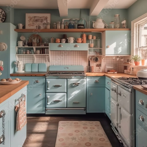 Vintage Kitchen Cabinet Light Blue Colour, Classic Kitchen, Generative AI
