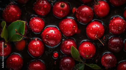 Fresh ripe lingonberry with water drops background. Berries backdrop. Generative AI