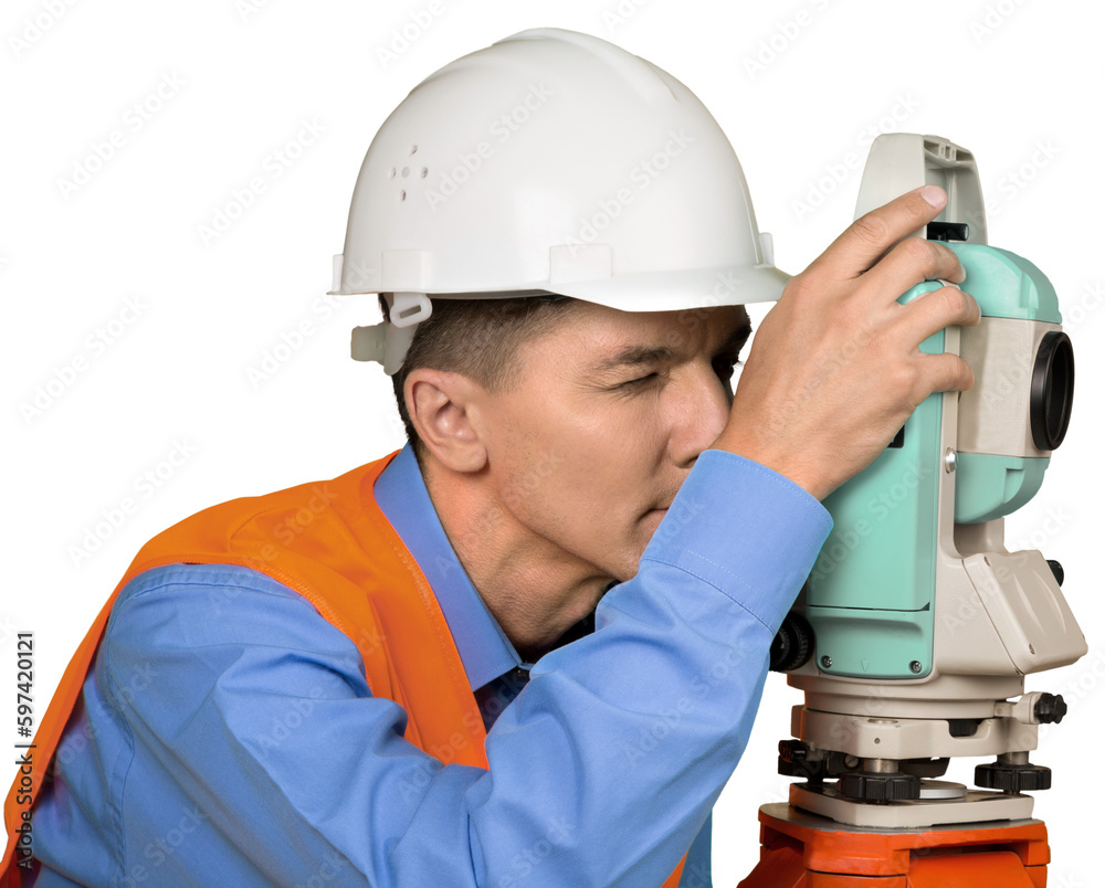 Portrait of a Land Surveyor Working with Modern Theodolite Portrait of a Land Surveyor Working with Modern Theodolite