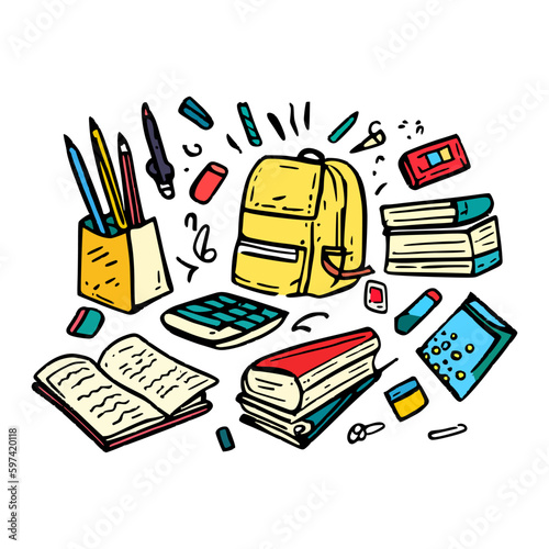 illustration of school supplies in doodle style on isolated background