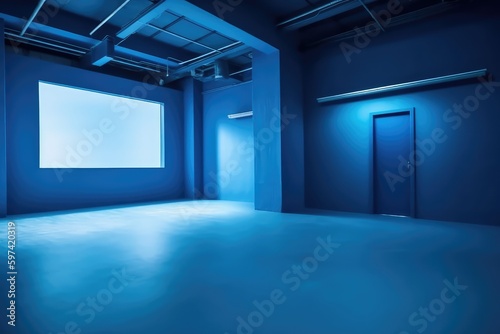 Empty blue color studio room. Interior background. Generative ai. 