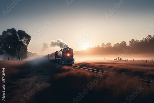 Train driving alone in misty sunrise. Created digitally. Generative AI