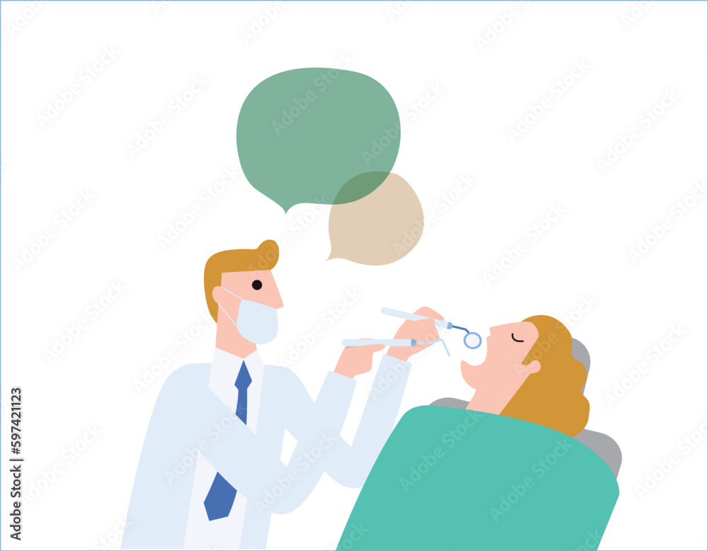 Male dentist Medical treatment to a female patient at the clinic. health care concept vector people flat design illustration isolated background. Male dentist Medical treatment to a female patient at the clinic. health care concept vector people flat design illustration isolated background.