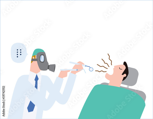 Male dentist Medical treatment to a male patient at the clinic. wearing a gas mask. halitosis, Bad breath. health care concept vector people flat design illustration isolated background.