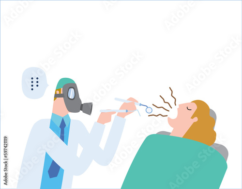 Male dentist Medical treatment to a female patient at the clinic. wearing a gas mask. halitosis, Bad breath. health care concept vector people flat design illustration isolated background.