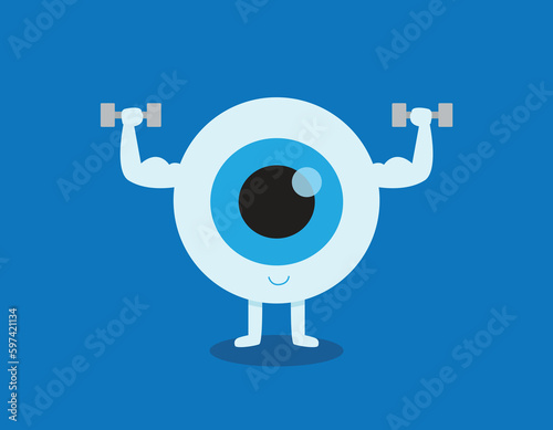 Strong healthy white eye, illustration icon Medical healthcare concept. eyeball doing exercising with dumbbells. Vector flat cartoon character design. Isolated on blue background