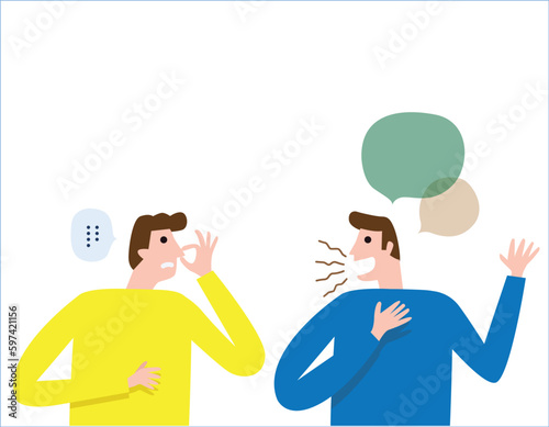 halitosis, Bad breath. People talk. Man covers his nose with hand showing that something stinks. health care concept. vector people flat design illustration isolated background.