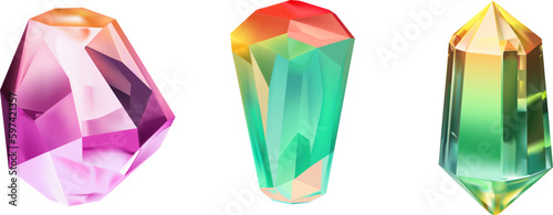 A collection of images of diamonds of various geometric shapes, colors and sizes.Glass shiny crystals with different shades reflecting light.Vector realistic set of glow gemstone or colorful ice.