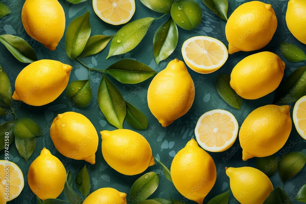 Lemons in a continuous pattern on a watercolor background. Generative AI