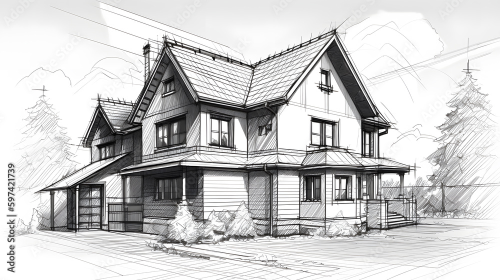 Sketch of building design of modern family house Sketch of building design of modern family house