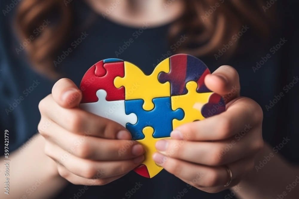 International autism day concept. Woman holding heart shape symbol made from colorful puzzle pattern pieces. Generative AI International autism day concept. Woman holding heart shape symbol made from colorful puzzle pattern pieces. Generative AI