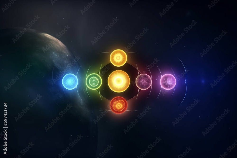 State of mind concept. Transcendental chakras space universe abstract background. Cosmic background with chakras, rings, galaxies and planets. Generative AI - obrazy, fototapety, plakaty 
