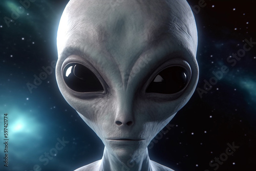 Alien or extraterrestrial, sci-fi, horror concept. Gray alien portrait with big heads and dark big eyes in space background. Generative AI photo