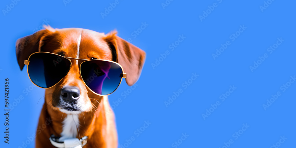 Cute brown little dog with sunglasses isolated on blue background. Pet shop banner. Place for text. Generative AI