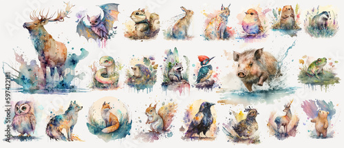Forest animals set. Woodland fauna, bear, fox, badger, hare and boar in watercolor style. Generative AI photo