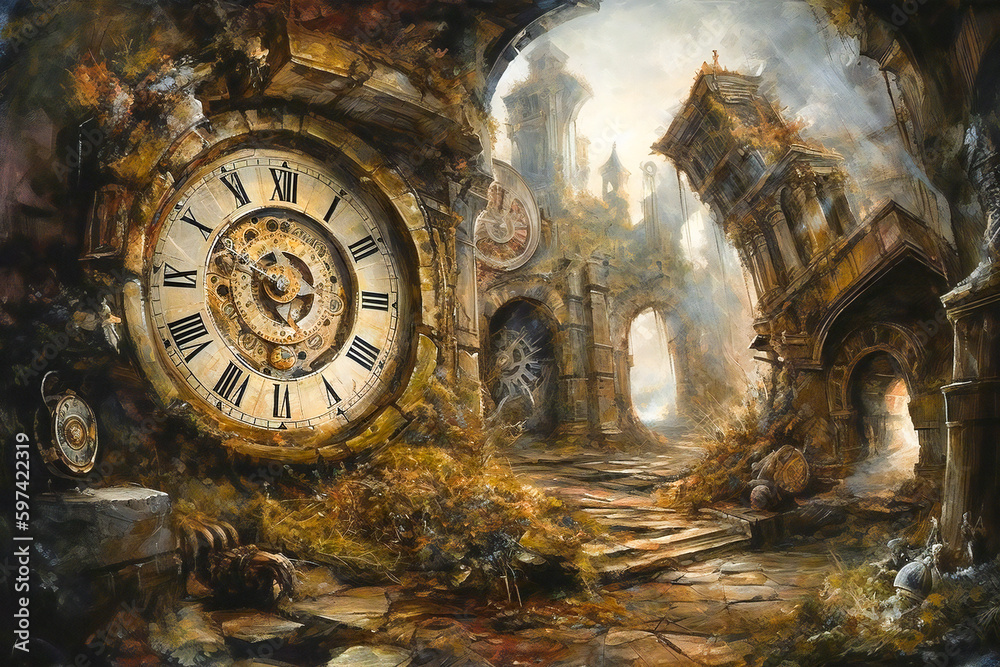 Surreal composition of a rusty clock. Time related concept. Created with Generative AI technology. Surreal composition of a rusty clock. Time related concept. Created with Generative AI technology.