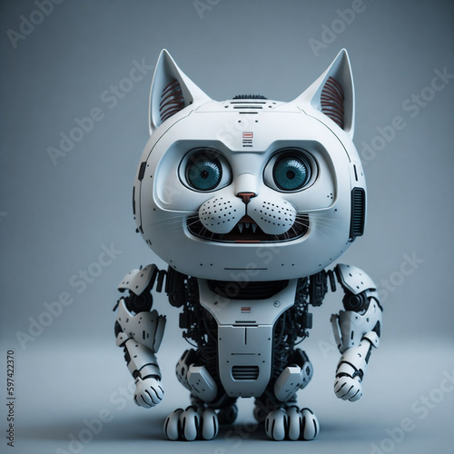 Crazy white robot cat with frightening face, created with Generative AI technology