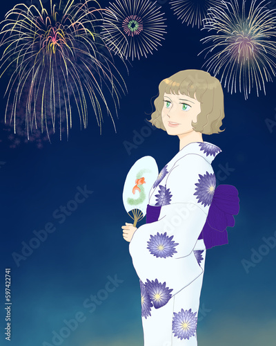 Woman in yukata with a traditional paper fan and fireworks in the night sky