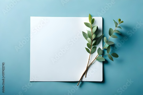 blank paper and natural eucalyptus twigs isolated on blue pastel background with copy space