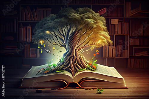 education concept with tree of knowledge planting on opening old big book in library with textbookstack piles of text archive and aisle of bookshelves in school study class room. Generative Ai photo