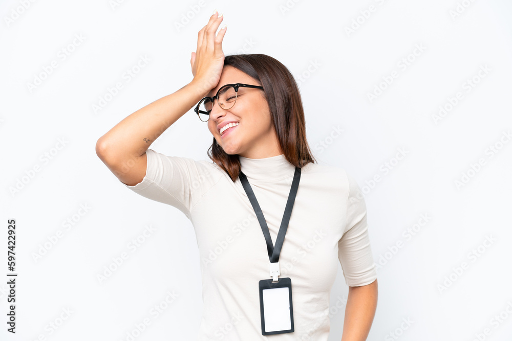 Young caucasian woman with ID card isolated on white background has realized something and intending the solution Young caucasian woman with ID card isolated on white background has realized something and intending the solution
