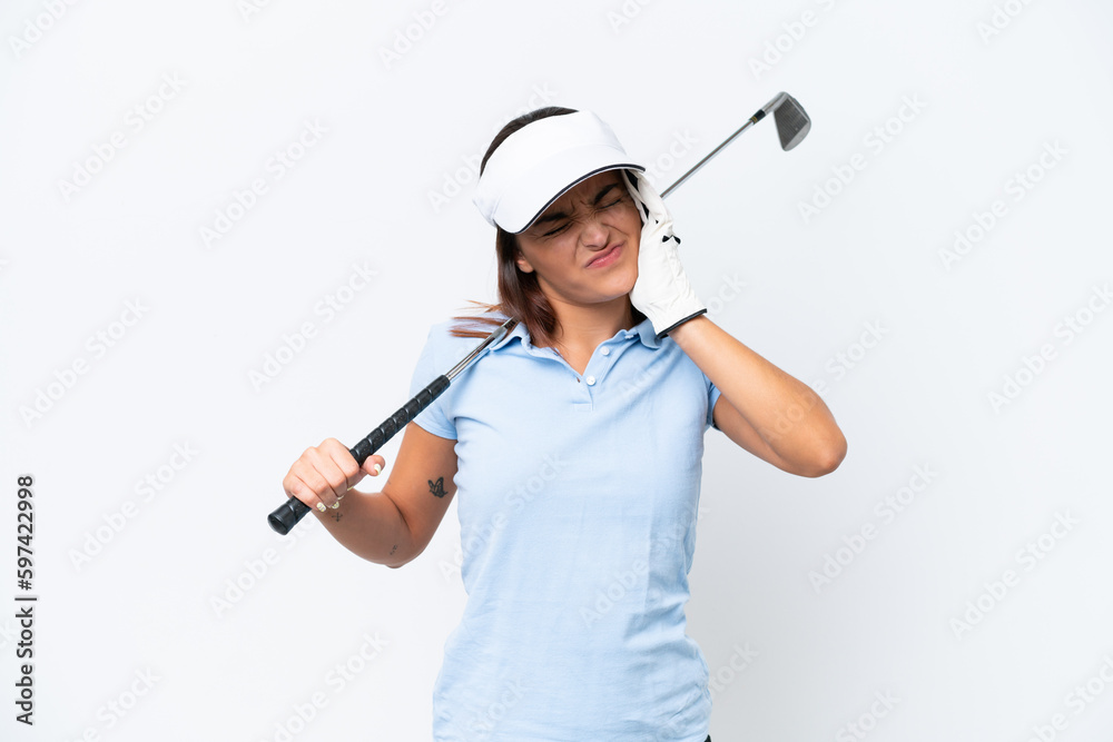 Young caucasian woman playing golf isolated on white background with headache Young caucasian woman playing golf isolated on white background with headache
