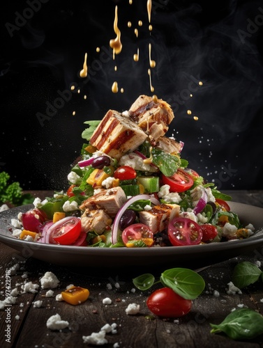 Salad with grilled chicken, vegetables and cheese on dark background. generative AI